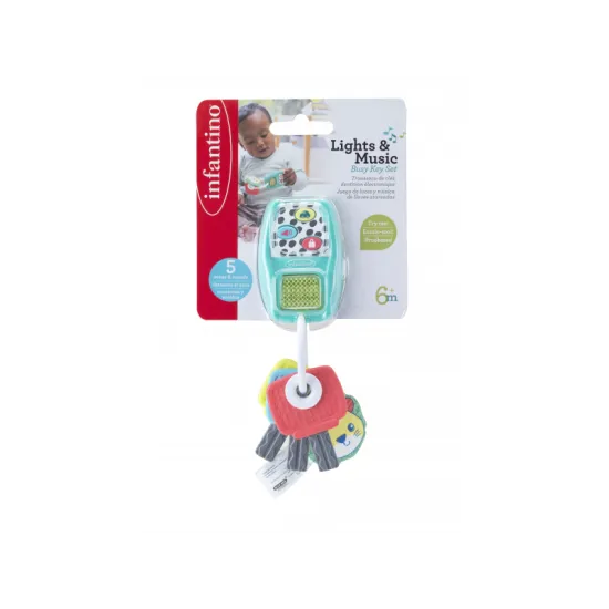 Farebné kľúče z príjemného materiálu s ovládačom, ktorý po stlačení svieti a hrá päť melódií a zvukov.