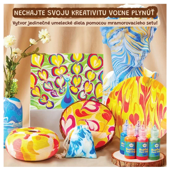 Jarmelo mramorovacia sada – 6 fliaš farieb, pomôcky a papier na vodné mramorovanie