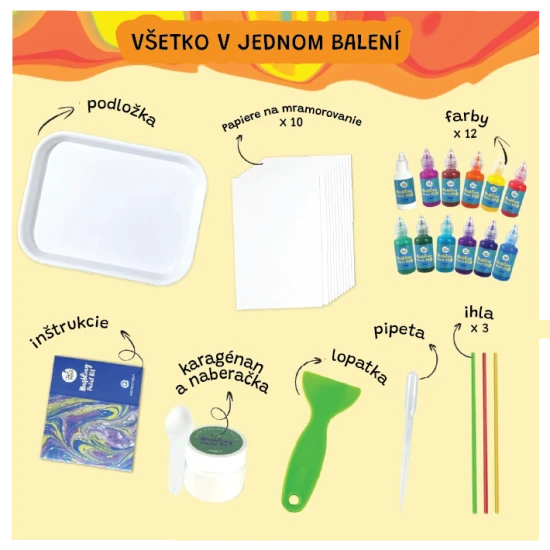 Jarmelo mramorovacia sada – 6 fliaš farieb, pomôcky a papier na vodné mramorovanie