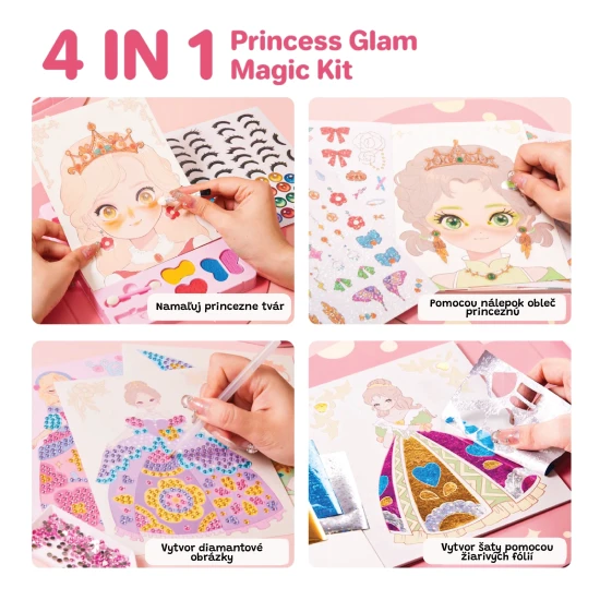 Jarmelo 4v1 Princess Glam sada – make-up, obliekanie, zdobenie kamienkami a fóliami pre papierové princezné