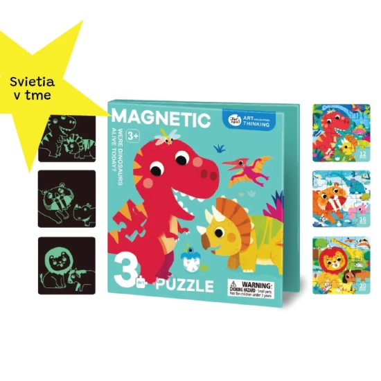 Jarmelo magnetické puzzle 3v1 – Dinosaury s 48 magnetickými dielikmi a žiarením v tme, vhodné pre deti od 3 rokov