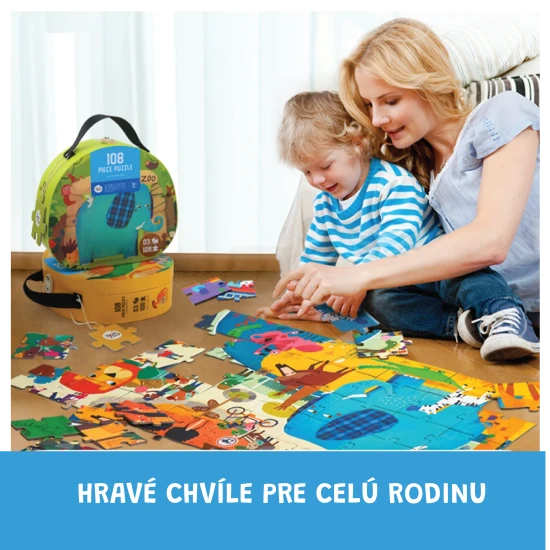 Jarmelo puzzle „Deň v ZOO“ – 108 dielikov v kufríku, farebná skladačka zvierat zo ZOO pre deti