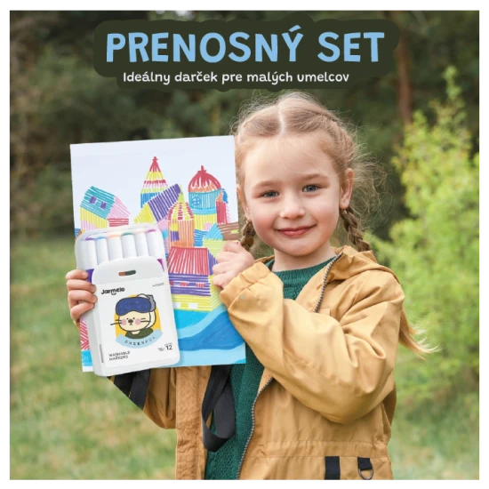 Jarmelo obojstranné fixky v prenosnom boxe – 24 farieb, štetec a hrubý hrot, netoxické a umývateľné