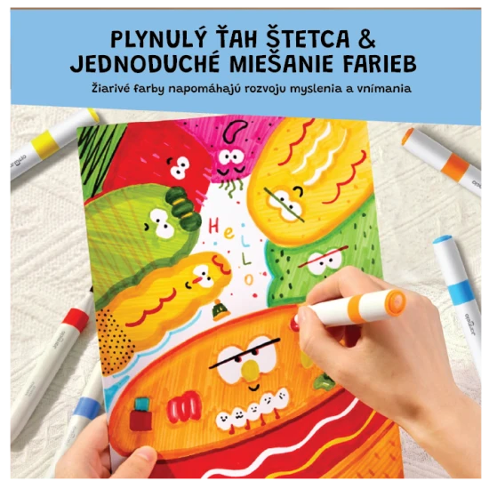 Jarmelo obojstranné fixky v prenosnom boxe – 24 farieb, štetec a hrubý hrot, netoxické a umývateľné