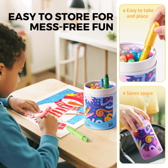 Trblietavé Farebné jemné umývateľné voskovky pre deti v praktickom boxe – 12 kusov