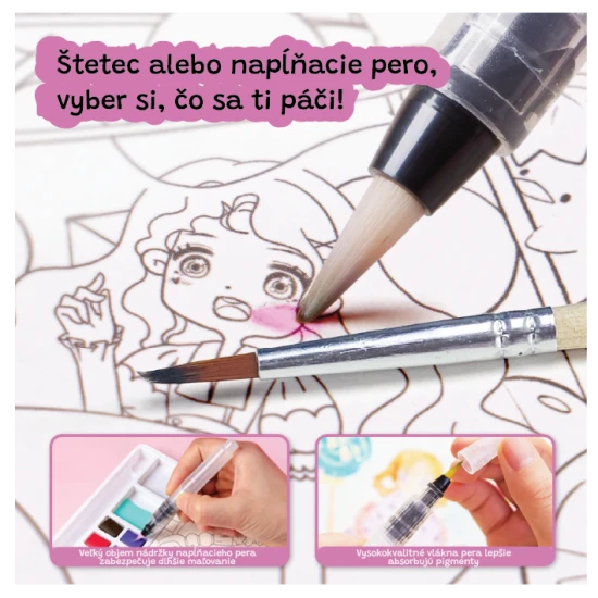 Jarmelo maľovanie vodou – Dessert Princess, kniha s 8 farbami, 2 štetcami a omaľovánkami plné princezien