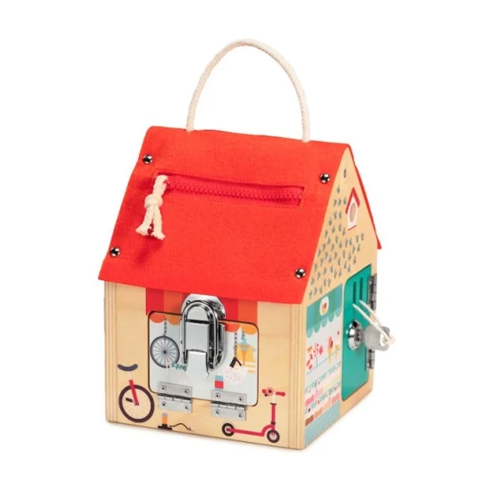 dreveny domcek so zamkami pre deti, motoricka drevena hracka, domcek z bukoveho dreva