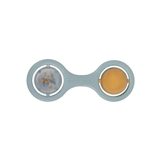 Modrá hrkálka s dvoma otáčajúcimi sa guličkami.