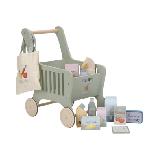 Drevený nákupný vozík Little Dutch s drevenými potravinami, látkovou taškou a kartónovými krabičkami pre deti