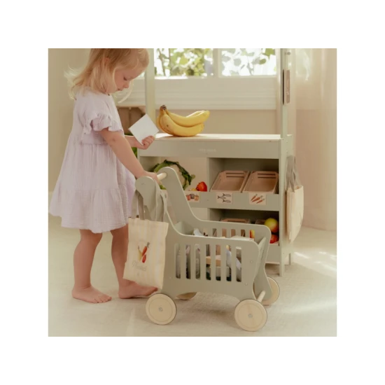 Drevený nákupný vozík Little Dutch s drevenými potravinami, látkovou taškou a kartónovými krabičkami pre deti