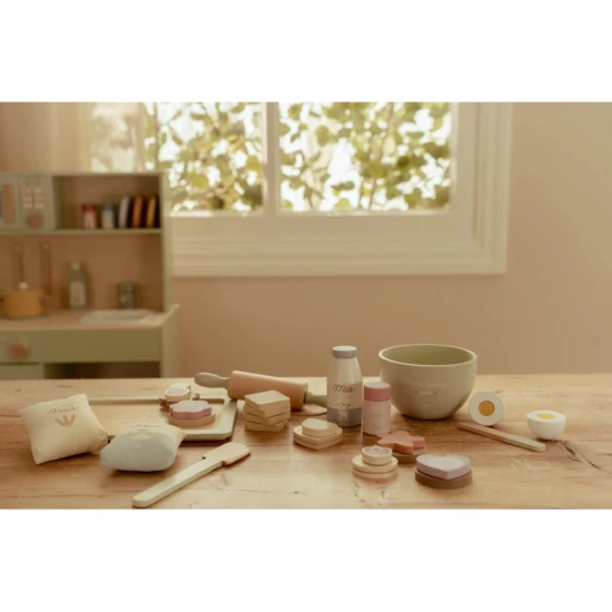 Drevená sada na pečenie Little Dutch pre deti s drevenými surovinami, valčekom, misku a doplnkami na zdobenie