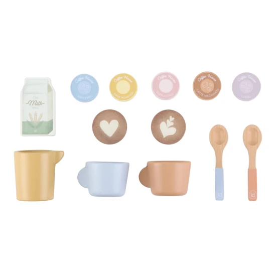 Drevený kávovar Little Dutch s kávovými kapsulami, mliekom, džbánkom a šablónami na latte art pre deti