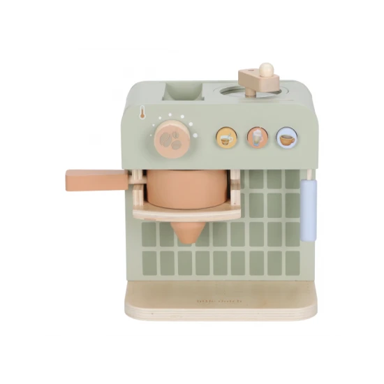 Drevený kávovar Little Dutch s kávovými kapsulami, mliekom, džbánkom a šablónami na latte art pre deti