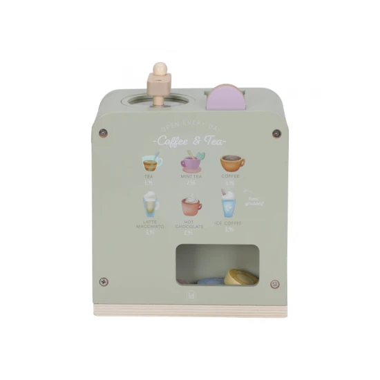 Drevený kávovar Little Dutch s kávovými kapsulami, mliekom, džbánkom a šablónami na latte art pre deti