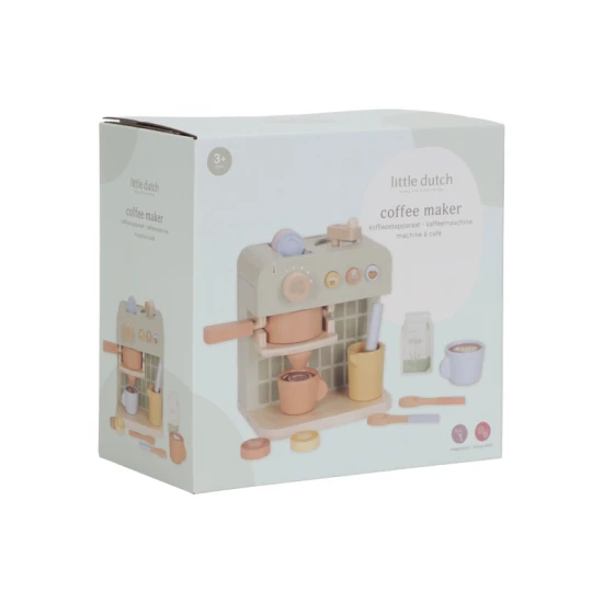 Drevený kávovar Little Dutch s kávovými kapsulami, mliekom, džbánkom a šablónami na latte art pre deti