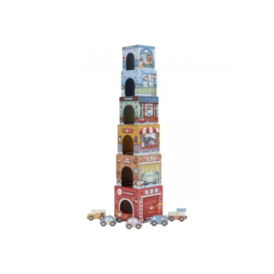 Drevená sada Little Dutch s kartónovými kockami a drevenými vozidlami, ideálna pre deti na stavanie a objavovanie