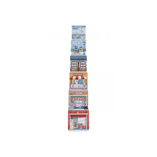 Drevená sada Little Dutch s kartónovými kockami a drevenými vozidlami, ideálna pre deti na stavanie a objavovanie