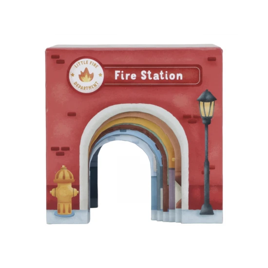 Drevená sada Little Dutch s kartónovými kockami a drevenými vozidlami, ideálna pre deti na stavanie a objavovanie