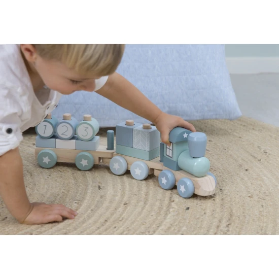 Drevený vláčik Little Dutch Blue – kreatívna hračka pre deti s 17 dielmi, štýlový dizajn v modrých odtieňoch