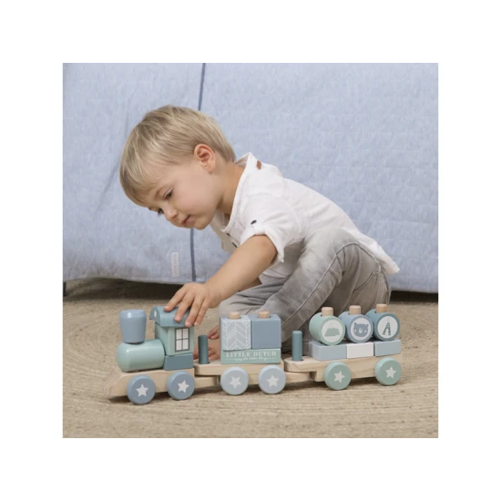 Drevený vláčik Little Dutch Blue – kreatívna hračka pre deti s 17 dielmi, štýlový dizajn v modrých odtieňoch