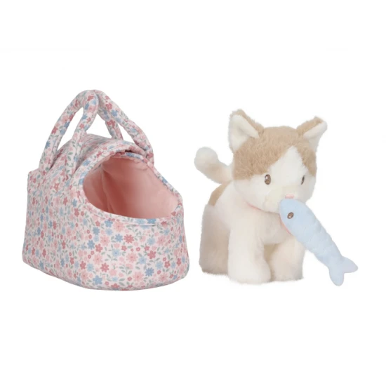 Plyšová mačička Marley v kvetovanej taške od Little Dutch, roztomilý kamarát na cesty pre deti.