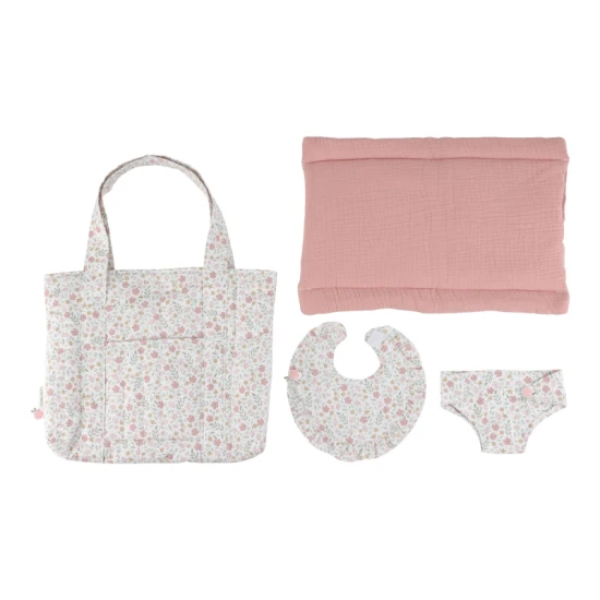 Prebaľovacia taška pre bábiky Little Dutch Soft Flowers s plienkou, prebaľovacou podložkou a podbradníkom v kvetinovom dizajne