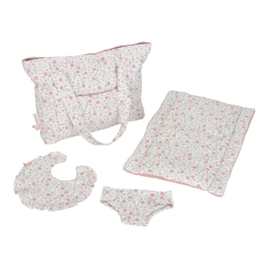 Prebaľovacia taška pre bábiky Little Dutch Soft Flowers s plienkou, prebaľovacou podložkou a podbradníkom v kvetinovom dizajne