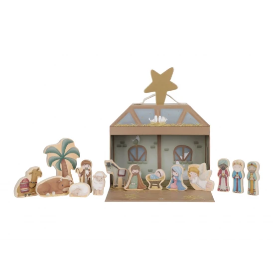 Dreveny betlehem s 14 postavickami a chlievom – vianocna dekoracia pre deti