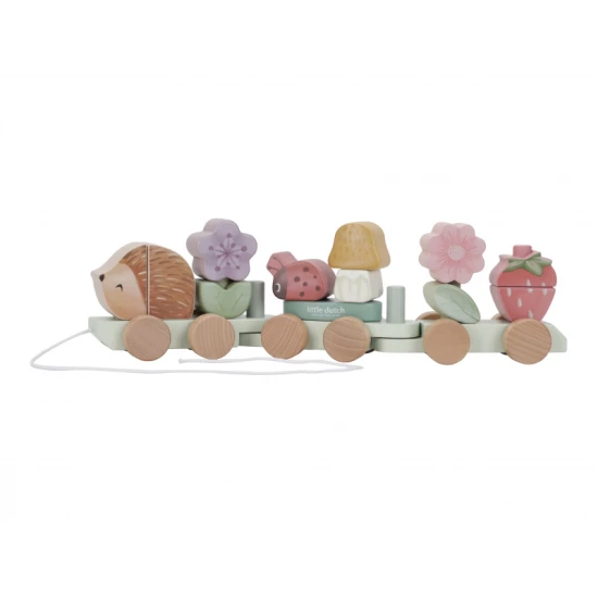 Drevený vláčik ježko Fairy Garden s farebnými kockami