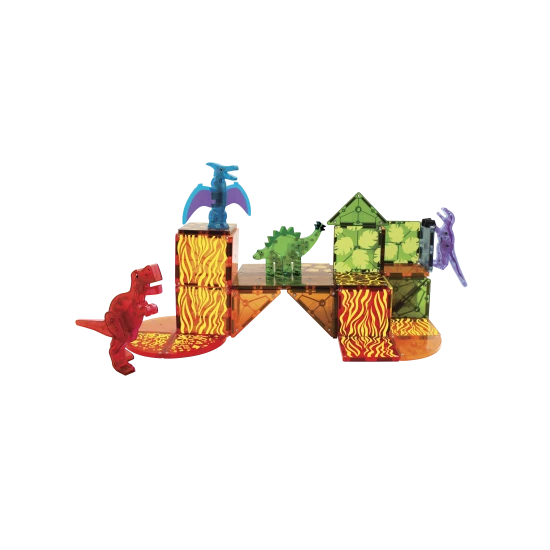 Magnetická stavebnica Dino s dinosaurami a farebnými dielikmi.