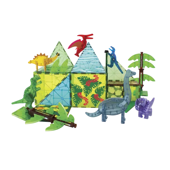 Magnetická sada XL Dino World s dinosaurami a stromami.