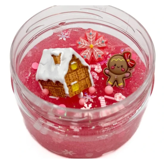 Gumový slizáčik Perníková chalúpka – ružový vianočný sliz s trblietkami, chalúpkou a perníkovou dievčinkou