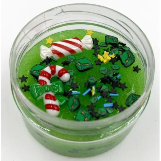 Gumový sliz Slizáčik – Ten, čo nemá rád Vianoce, priehľadný vianočný sliz s konfetami a dekoráciami