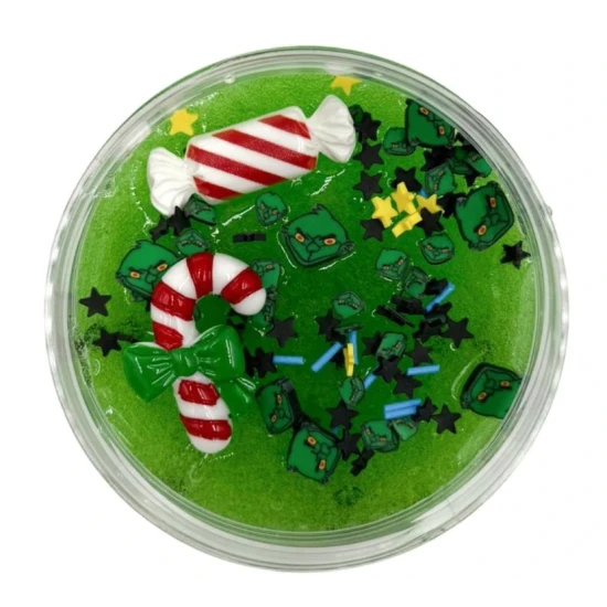 Gumový sliz Slizáčik – Ten, čo nemá rád Vianoce, priehľadný vianočný sliz s konfetami a dekoráciami