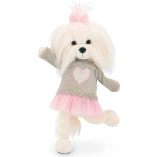 Lucky Doggy oblečenie pre psíka Pink Heart – ružové šaty, sivý svetrík so srdiečkom a ružová mašľa pre plyšového psíka