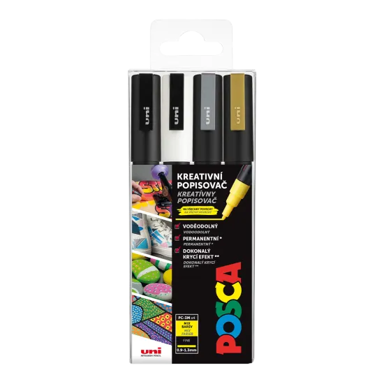 Súprava fixiek Posca 3M s tenkým hrotom (0,9 – 1,3 mm), farby biela, čierna, strieborná a zlatá, poskytujú sýte farby a vysokú hustotu pre kreatívne projekty.