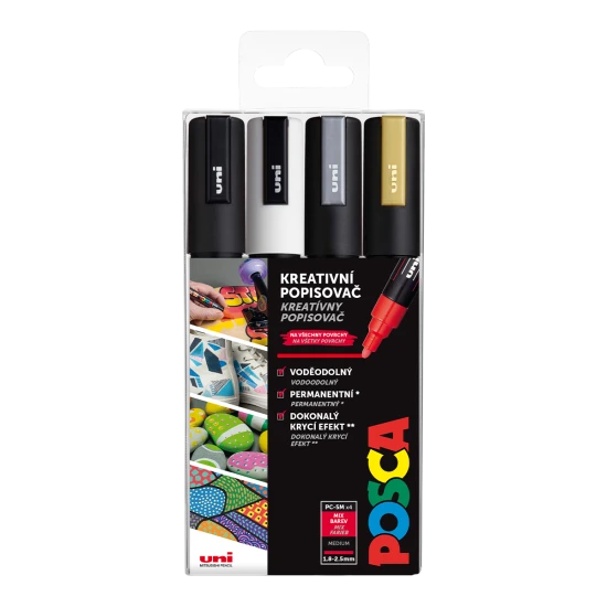 Súprava popisovačov Posca 5M s univerzálnym stredným hrotom (1,8 – 2,5 mm), farby biela, čierna, strieborná a zlatá.
