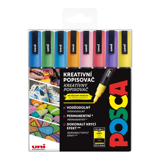 Súprava fixiek POSCA 3M s tenkým zaokrúhleným hrotom (0,9 – 1,3 mm), obsahuje 8 trblietavých farieb. Vhodné pre umelcov a kreatívnych nadšencov na vnútorné aj vonkajšie projekty, vodovzdorné po zaschnutí.