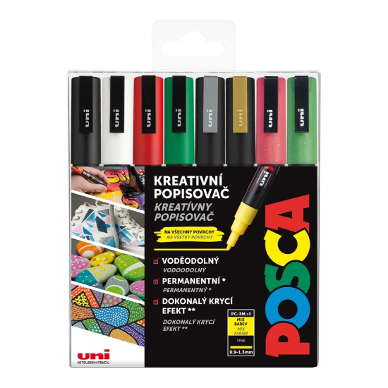 Súprava profesionálnych popisovačov Posca 3M vo vianočných farbách s jemným hrotom (0,9 – 1,3 mm), ideálna na precízne kreslenie a tieňovanie, vodovzdorné po zaschnutí, vhodné na vnútorné aj vonkajšie použitie.