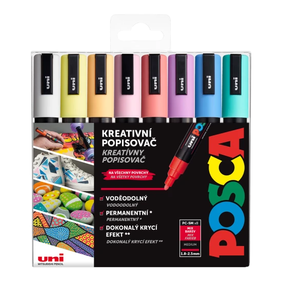 Sada profesionálnych fixiek POSCA 5M s okrúhlym stredným hrotom (1,8 - 2,5 mm) v pastelových farbách, ideálnych na presné a jasné línie pre umelcov, dizajnérov a začiatočníkov.