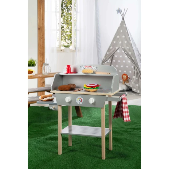 Detský drevený gril BBQ s doplnkami Sivá/natur