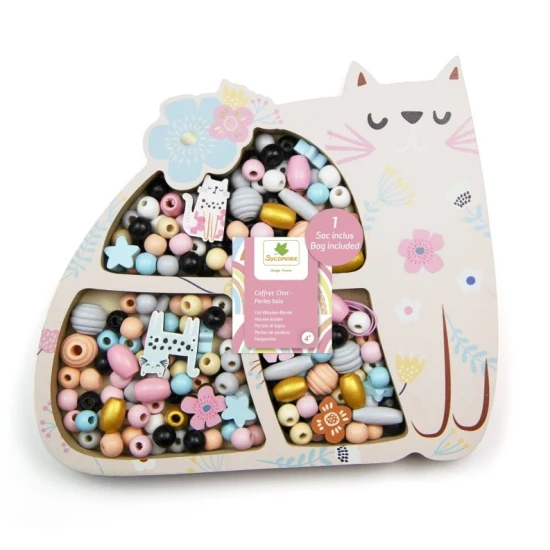Drevené koráliky Mačka – kreatívna sada pre deti v škatuľke v tvare mačky