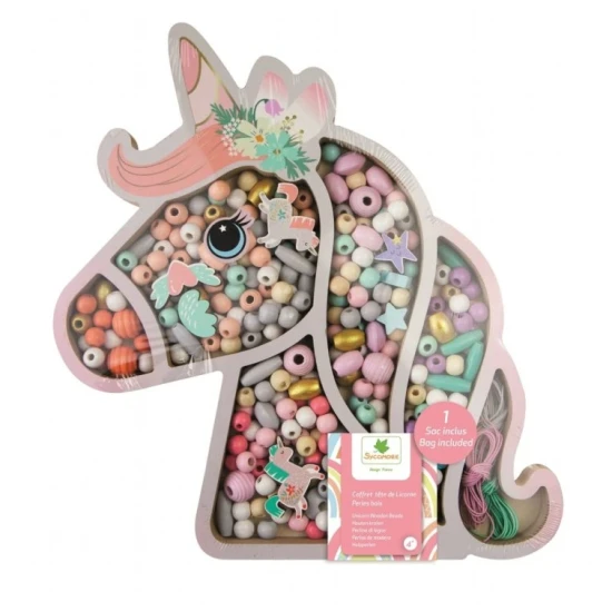 Koráliky Jednorožec – drevená tvorivá sada pre deti v škatuľke v tvare jednorožca