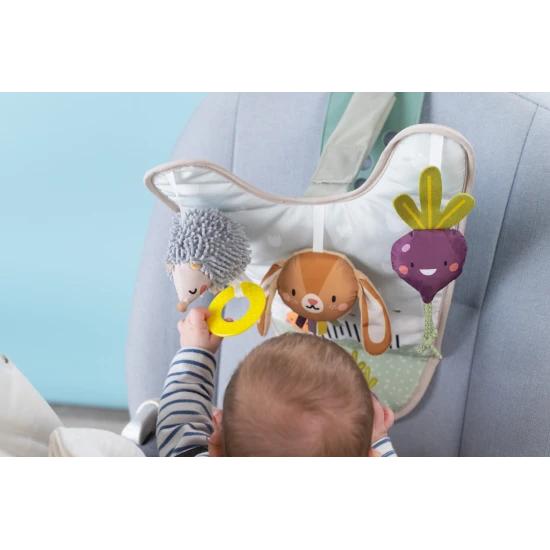 Hrací pultík so zavesenými textilnými hračkami zo života na záhrade zabaví počas jazdy.