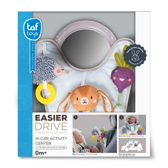 Hrací pultík so zavesenými textilnými hračkami zo života na záhrade zabaví počas jazdy.