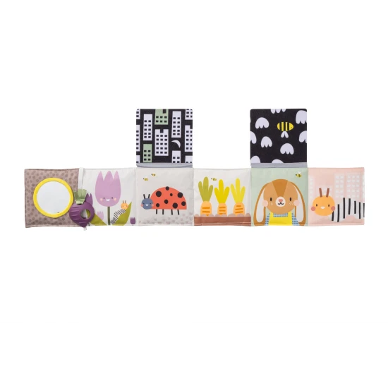 Obojstranná textilná knižka s motívom záhrady pre najmenších do kočíka, postieľky aj na hraciu deku.