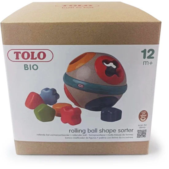 Vkladačka Guľa, detská hračka, obsahuje rôzne geometrické tvary, ktoré deti musia rozoznať a vložiť do správnych otvorov