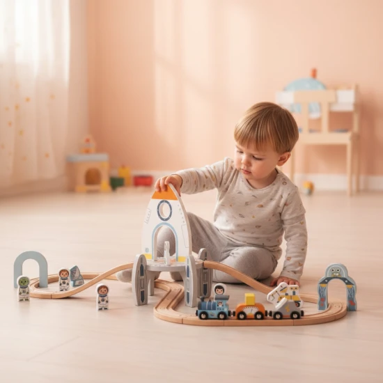 Vláčiková dráha Vesmír s astronautmi, ufom a vesmírnou raketou.