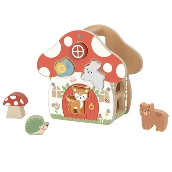 Drevená vkladačka Tvary Domček s 12 farebnými tvarmi pre deti