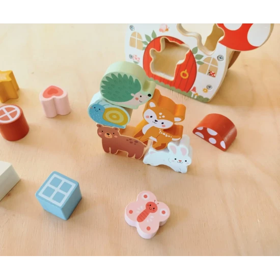 Drevená vkladačka Tvary Domček s 12 farebnými tvarmi pre deti